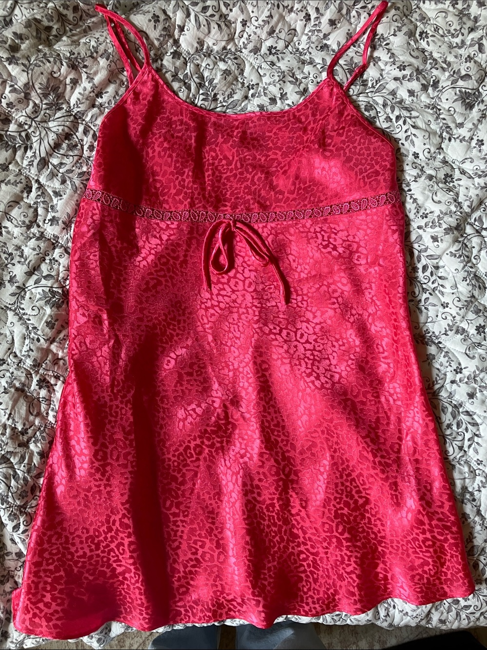 Hot Pink Satin sleep dress with Subtle Leopard Jacquard and Front Tie - Picture 1 of 6